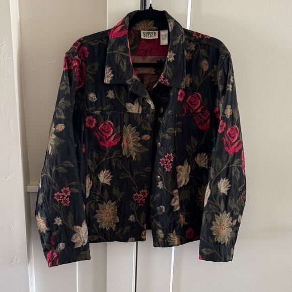 Chicos Vintage Black Floral Tapestry Jacket Coat Button Down Classic Size 2 (L) - Picture 13 of 14